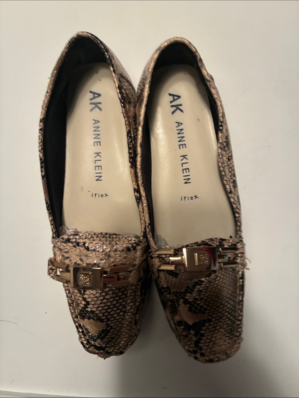 Anne Klein Snake-Print Slip-On Loafers in Tan and Black